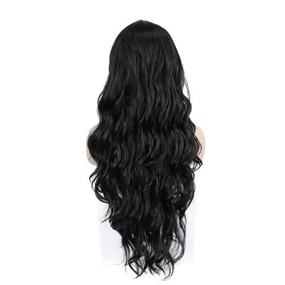 Siyah Uzun Dalgalı  Fiber Sentetik Tül Peruk