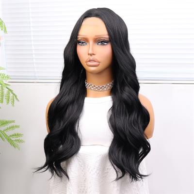Uzun Siyah Su Dalgalı Fiber Sentetik Tül Peruk