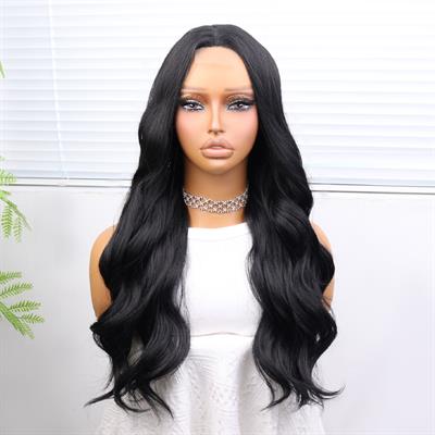 Uzun Siyah Su Dalgalı Fiber Sentetik Tül Peruk