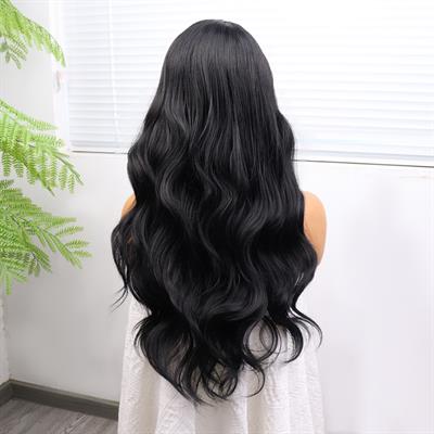 Uzun Siyah Su Dalgalı Fiber Sentetik Tül Peruk