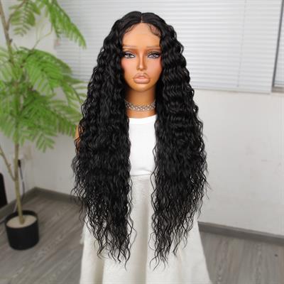 Yoğun Dalga Siyah Fiber Sentetik Geniş T Tül Peruk