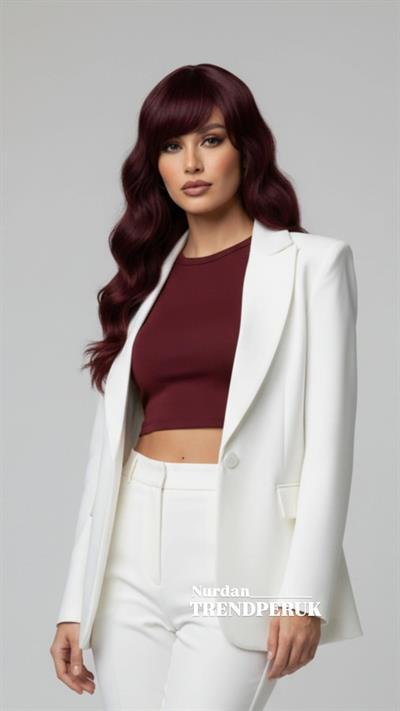 Dalgalı Perçemli Fiber Sentetik Orta Boy Peruk - Kızıl Kahve