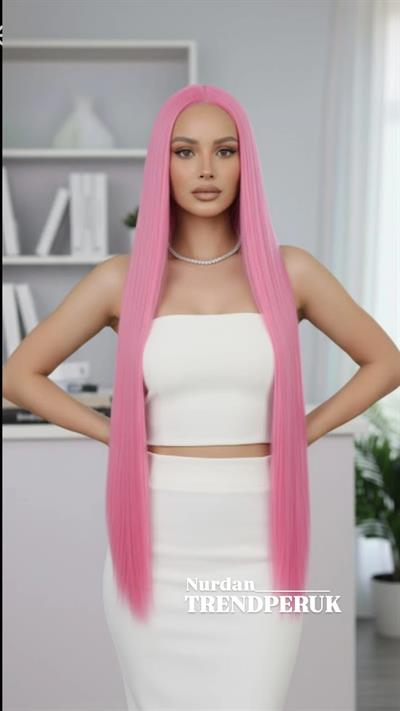 Şeker Pembesi Ekstra Uzun Tül Peruk
