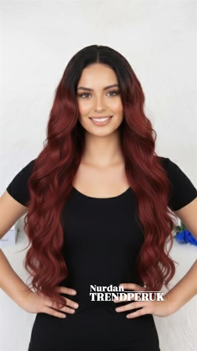 Siyah Koyu Kızıl Ombreli Dalgalı Tül Peruk