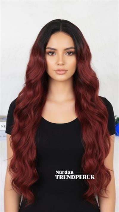 Siyah Koyu Kızıl Ombreli Dalgalı Tül Peruk