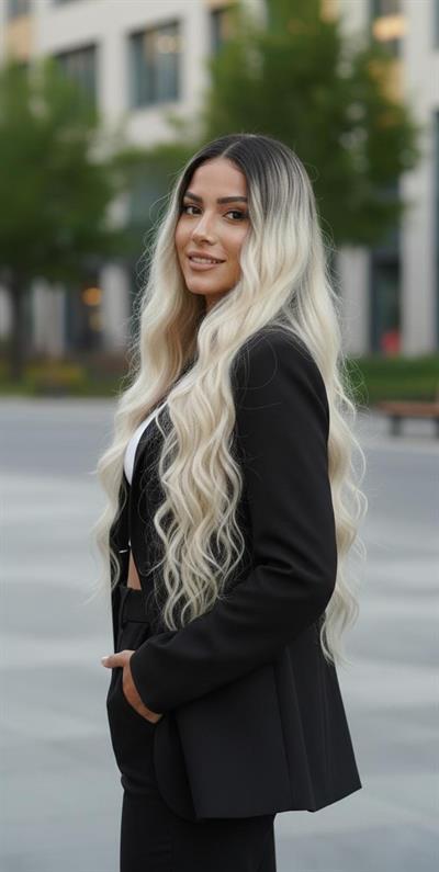 Uzun Su Dalgası Fiber Sentetik Peruk - Kahve / Platin Ombre