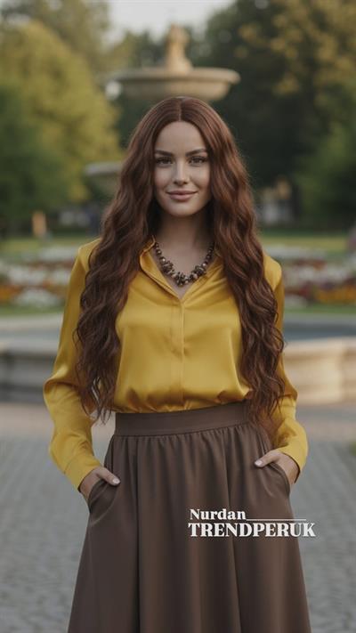 Uzun Su Dalgası Fiber Sentetik Peruk - Kahve Karamel