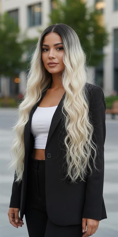 Uzun Su Dalgası Fiber Sentetik Peruk - Kahve / Platin Ombre