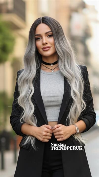 Uzun Su Dalgası Fiber Sentetik Peruk - Küllü Kumral / Beyaz Platin Ombre