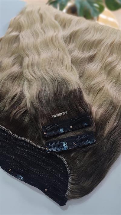 Yarımay + 2 Yan 65-70 cm Gerçek Saç Çıtçıt Dip Kahve Alt Platin Renk