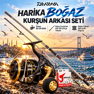 Daiwa BG SW 8000 makine, Crosscast 420 tubular surf kamış ve J-Braid X8 300 metre ipten oluşan İstanbul Boğazı kurşun arkası lüfer palamut olta seti