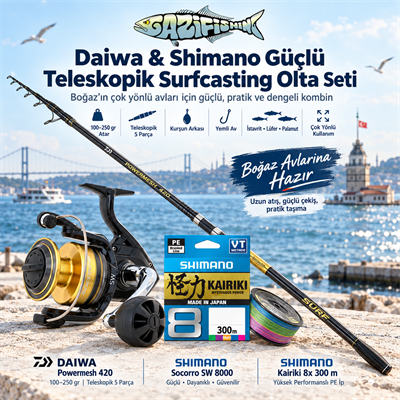 Daiwa & Shimano Güçlü Teleskopik Surfcasting Olta Seti, Surf Casting Olta Setleri, Gazi Fishing