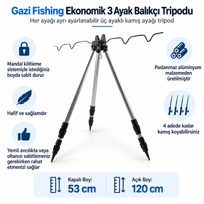 Ekonomik Balıkçı Tripodu – 3 Ayaklı, 5 Kamış Kapasiteli Olta Sehpası, Balıkçı Tripodları, Gazi Fishing