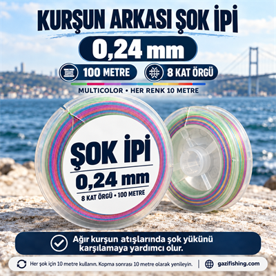 Kurşun Arkası Şok İpi - Multicolor - 100 Metre, 8 Kat Örgü İpler, Gazi Fishing