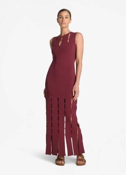 Kolsuz Parçalı Bordo Premium Triko Midi Elbise