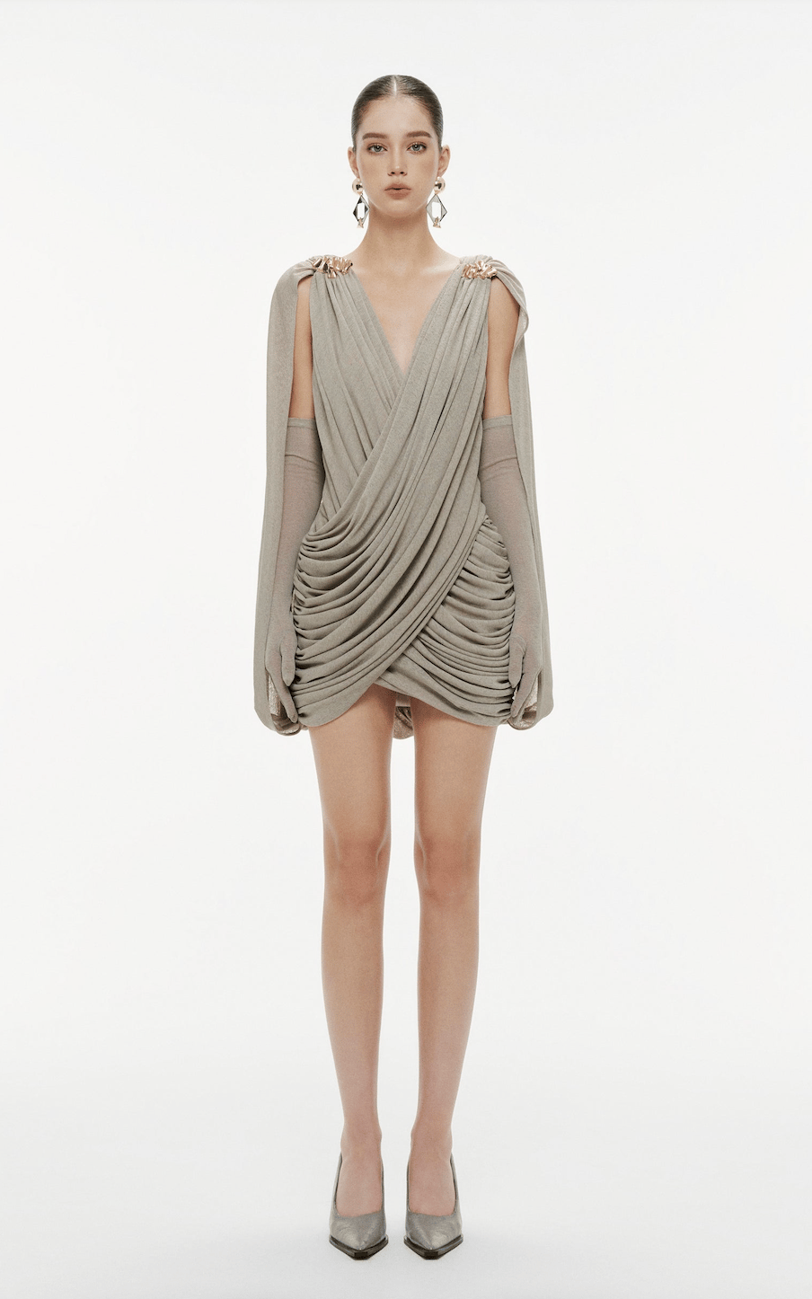 TASARIM DRAPE DETAYLI PELERİNLİ MİNİ ELBİSE