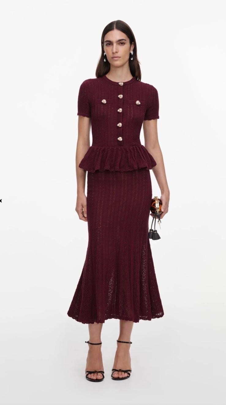 TASARIM PEPLUM BORDO TRİKO MİDİ ELBİSE