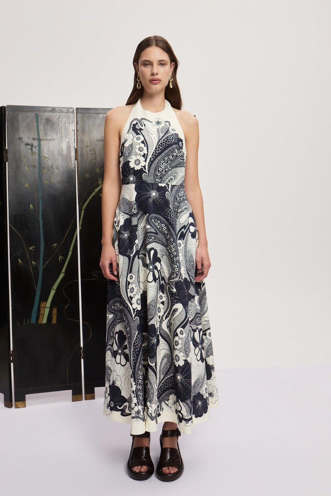 Halter Yaka Desenli Premium Midi Elbise