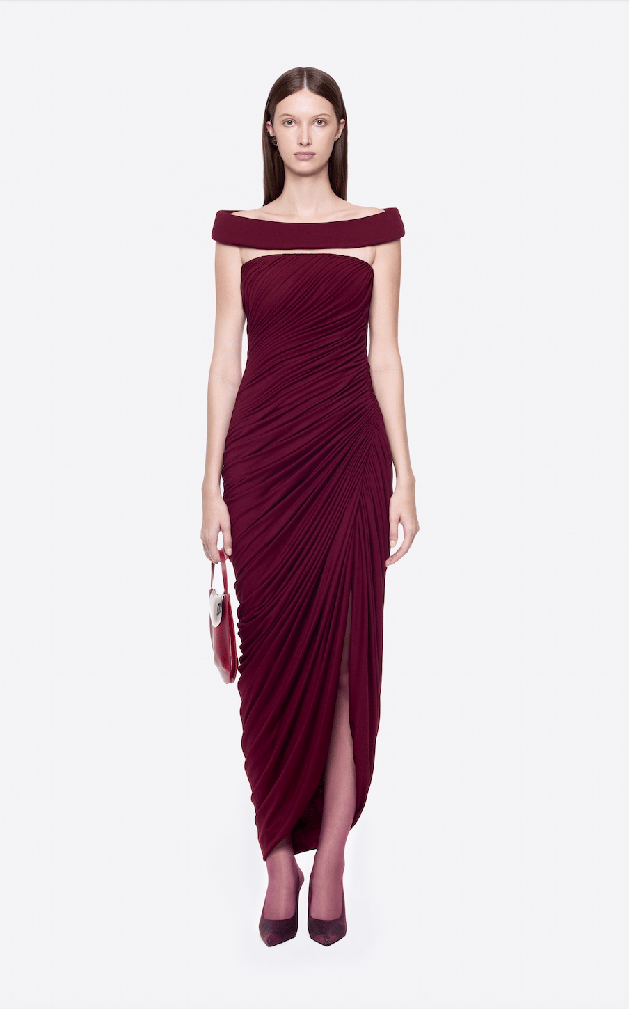 TASARIM DRAPE DETAYLI OMUZLARI AÇIK BORDO MİDİ ELBİSE
