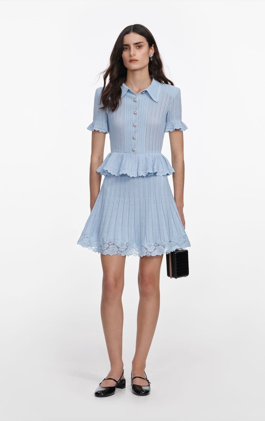TASARIM ETEK UCU DANTELLİ PEPLUM DETAYLI MAVİ TRİKO MİNİ ELBİSE