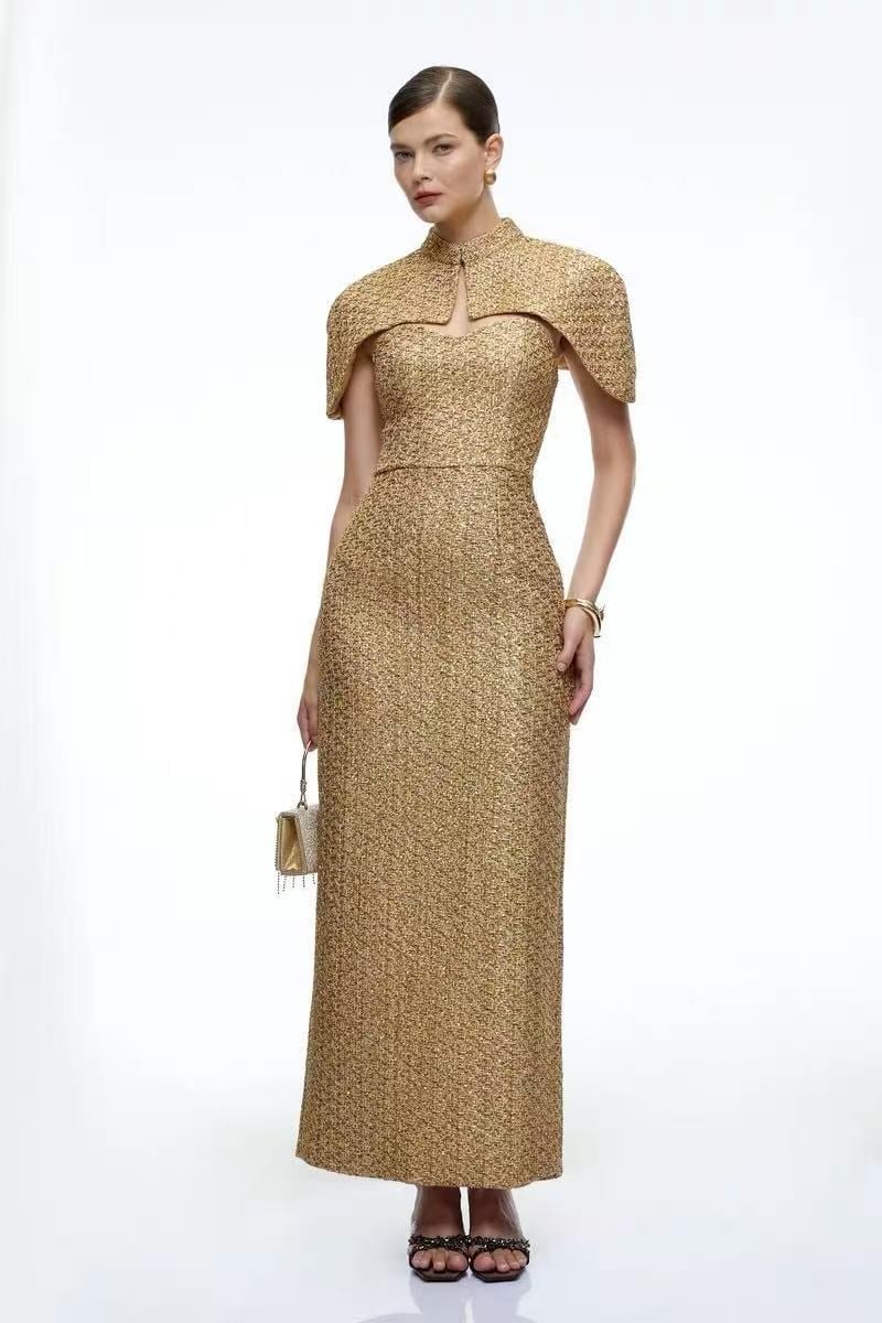 TASARIM PELERİN DETAYLI GOLD MAKSİ ELBİSE