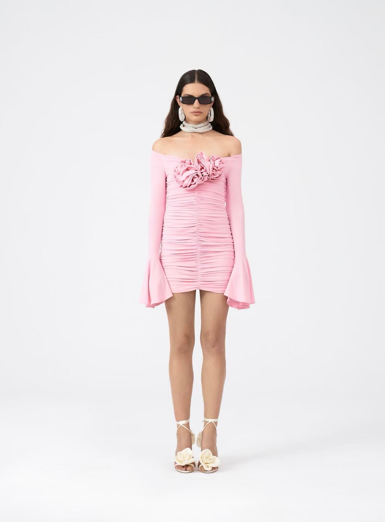 TASARIM PEMBE GÜL DETAYLI MİNİ ELBİSE