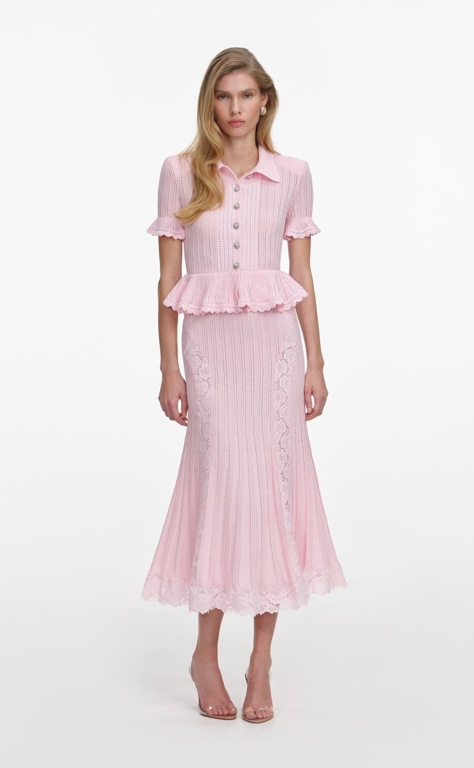 TASARIM PEPLUM DETAYLI DANTEL GEÇİŞLİ PEMBE TRİKO MİDİ ELBİSE