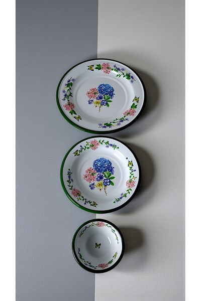 13-24-30 No 3lü Emaye Yemek Tabağı, Tabak Servis, Yemek, Kamp Piknik, Çeyiz, Hediye