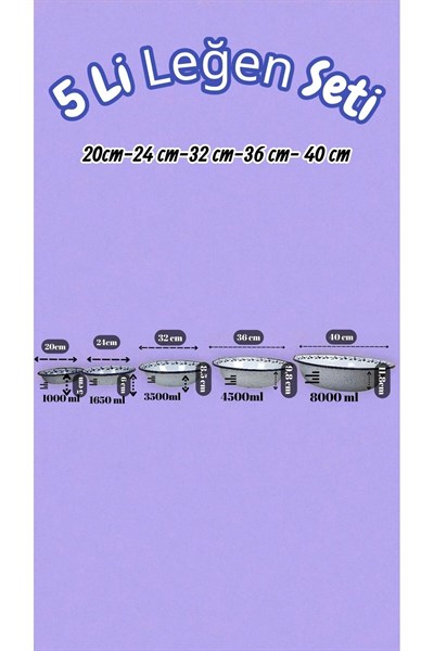 20cm-24cm-32 Cm-36 Cm-40 Cm 5 li Emaye Leğen Çırpma Ve Karıştırma Kabı, Hamur Leğeni,Meyvelik, Çeyiz