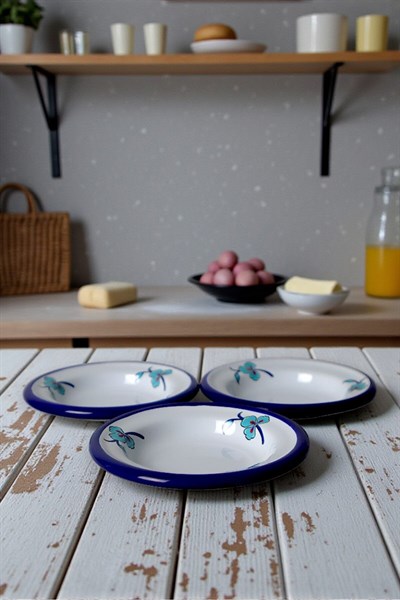 3 Parça 14Cm Emaye Tabak Set ,Kahvaltı Tabağı,Reçellik, Zeytin, Peynir Tabağı, Çeyiz