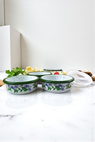 3 Parça Orta Boy,kapaklı,Desenli Emaye Kahvaltı Seti,Sunum,Kahvaltı Tabağı, Reçellik,Zeytin