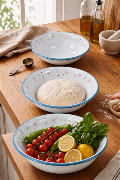 32-36-40 Cm 3 Parça  Emaye Leğen Çırpma Ve Karıştırma Kabı Seti. Hamur Leğeni. Meyvelik. Çeyiz. Büyük Kase