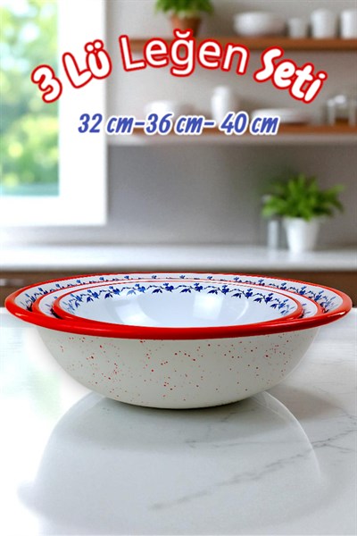 32 Cm-36 Cm-40 Cm 3 Lü Emaye Leğen Çırpma Ve Karıştırma Kabı, Hamur Leğeni,Meyvelik, Çeyiz, Hediye,