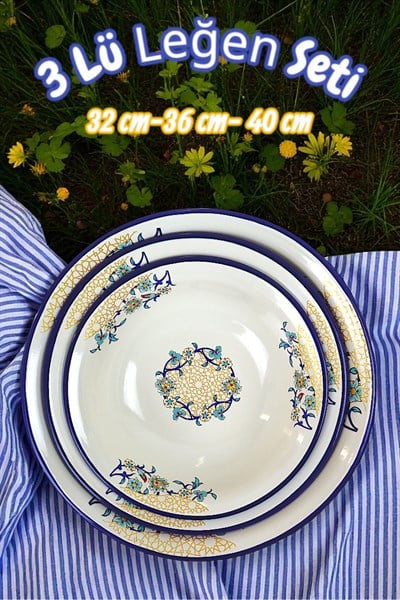 32 Cm-36 Cm-40 Cm 3 Lü Emaye Leğen Çırpma Ve Karıştırma Kabı, Hamur Leğeni,Meyvelik, Çeyiz, Hediye,