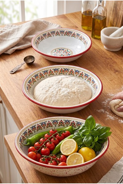 32 Cm-36 Cm-40 Cm 3 Lü Emaye Leğen Çırpma Ve Karıştırma Kabı, Hamur Leğeni,Meyvelik, Çeyiz, Hediye,