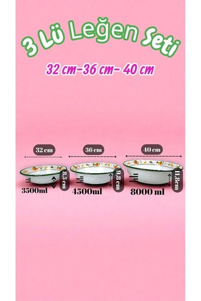 32 Cm-36 Cm-40 Cm 3 Lü Emaye Leğen Çırpma Ve Karıştırma Kabı, Hamur Leğeni,Meyvelik, Çeyiz, Hediye,