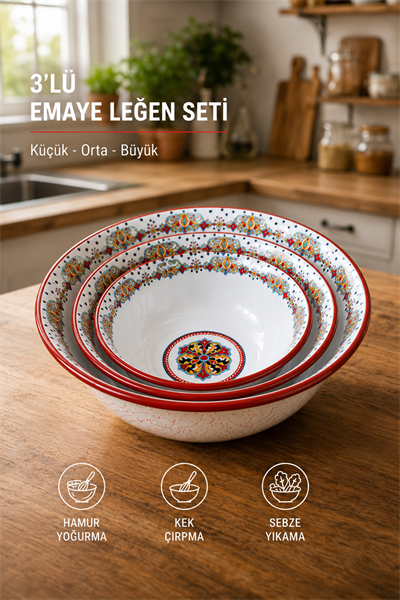32 Cm-36 Cm-40 Cm 3 Lü Emaye Leğen Çırpma Ve Karıştırma Kabı, Hamur Leğeni,Meyvelik, Çeyiz, Hediye