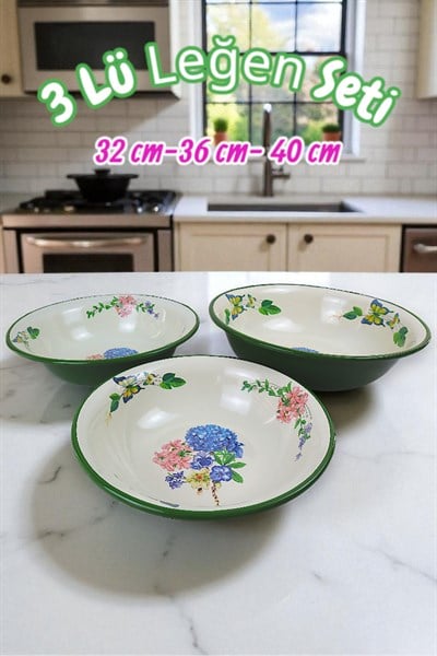 32 Cm-36 Cm-40 Cm 3 Lü Emaye Leğen Çırpma Ve Karıştırma Kabı, Hamur Leğeni,Meyvelik, Çeyiz, Hediye,
