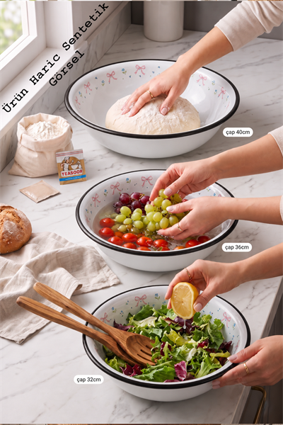 32 Cm-36 Cm-40 Cm 3 Lü Emaye Leğen Çırpma Ve Karıştırma Kabı, Hamur Leğeni,Meyvelik, Çeyiz, Hediye,