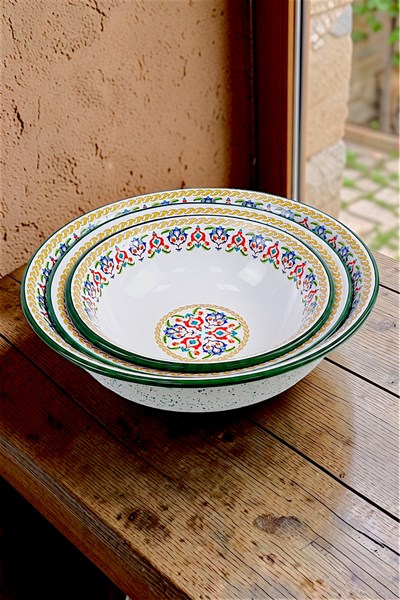 32 Cm-36 Cm-40 Cm 3 Lü Emaye Leğen Çırpma Ve Karıştırma Kabı, Hamur Leğeni,Meyvelik, Çeyiz, Hediye,