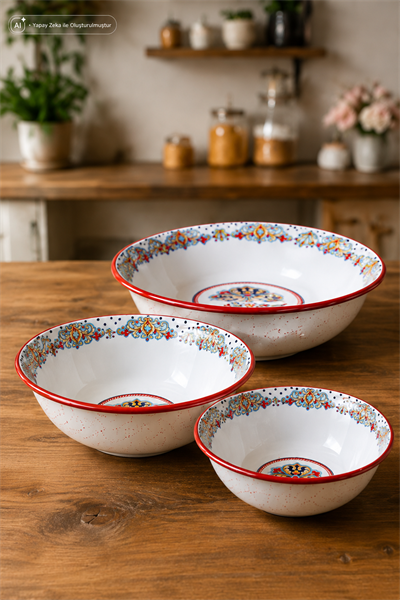 32 Cm-36 Cm-40 Cm 3 Lü Emaye Leğen Çırpma Ve Karıştırma Kabı, Hamur Leğeni,Meyvelik, Çeyiz, Hediye