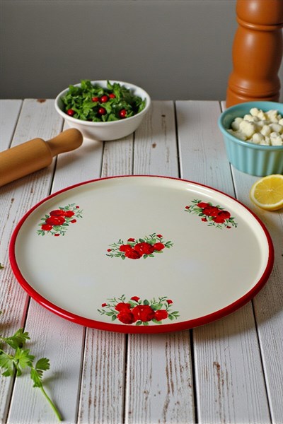 36 No Gül Desen Emaye Sunum Pizza Yemek Kamp Piknik, Çeyiz, Hediye