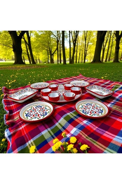 4 Kişilik Orta Boy Desenli Emaye Kahvaltı Seti,Sunum,Kahvaltı Tabağı, Reçellik,Zeytin, Peynir Tabağı