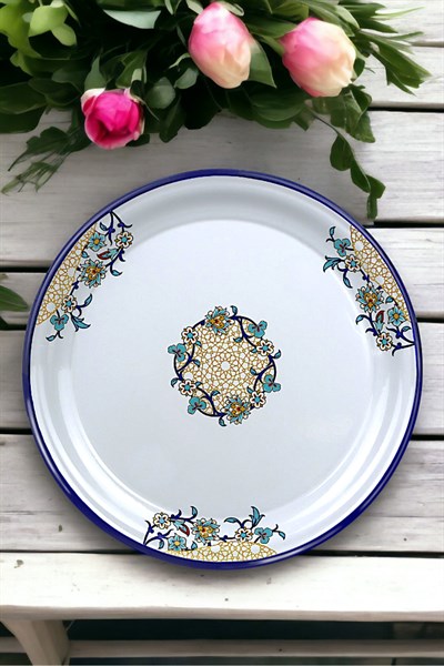 40 No Emaye Sini Sofra, Yemek Sunum Tepsi, Yer Sofrası Çinko ~38 Cm