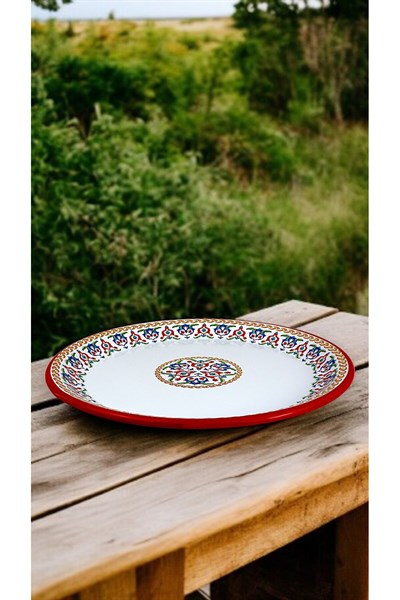 40 No kırmızı kenar Emaye Sini Sofra, Yemek Sunum Tepsi, Yer Sofrası Çinko ~38 Cm 1mm.KALIN ÜRÜN