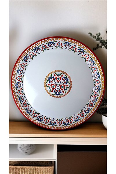50 No kırmızı kenar Emaye Sini Sofra, Yemek Sunum Tepsi, Yer Sofrası Çinko ~48 Cm 1mm.KALIN ÜRÜN