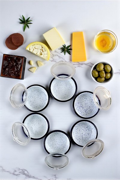 6 Parça Orta Boy,kapaklı,Desenli Emaye Kahvaltı Seti,Sunum,Kahvaltı Tabağı, Reçellik,Zeytin