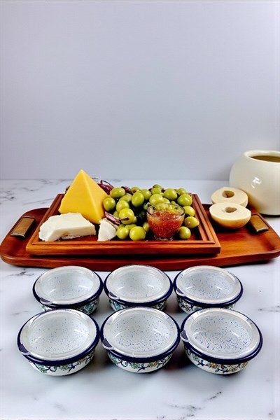 6 Parça Orta Boy,kapaklı,Desenli Emaye Kahvaltı Seti,Sunum,Kahvaltı Tabağı, Reçellik,Zeytin