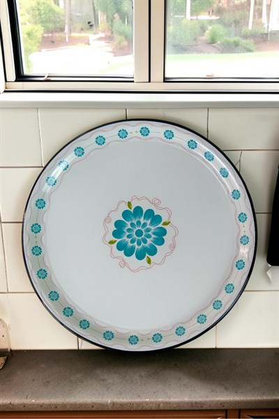 60 No Emaye Sini Sofra, Yemek Sunum Tepsi, Yer Sofrası Çinko ~58 Cm