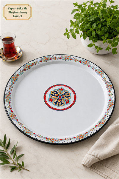 60 No Emaye Sini Sofra, Yemek Sunum Tepsi, Yer Sofrası Çinko ~58 Cm